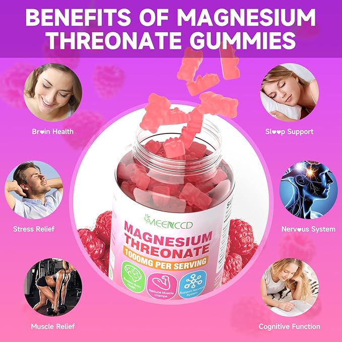 Magnesium Threonate Gummies 1000mg, Magnesium L-Threonate Supplement for Kids & Adults, Muscle & Nervous System Support, Non-GMO, Sugar-Free, Raspberry Flavor, 60 Count