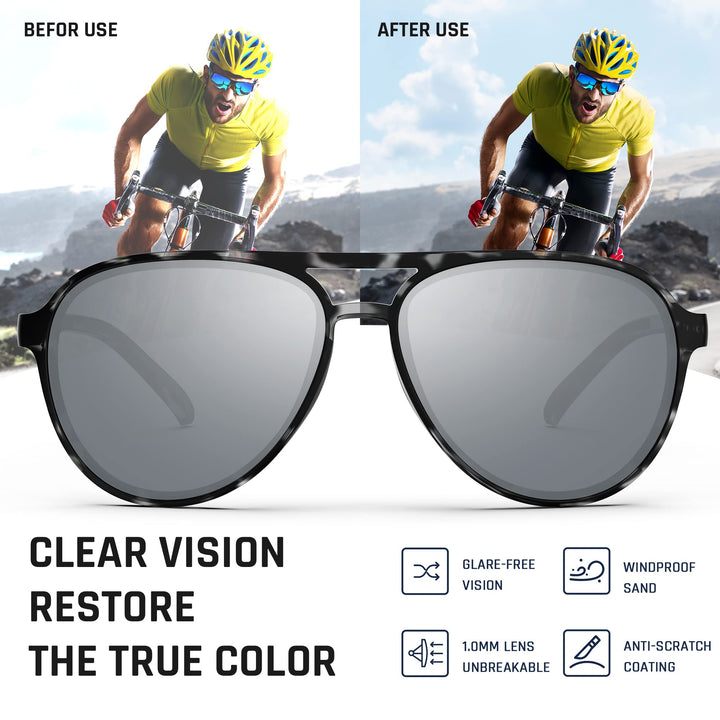 TOREGE Aviator Sunglasses Polarized Sunglasses for Men Women Sports Glasses Fishing Boating Beach Golf Driving TR75(Bright Tiger Shark&Black&Gray Silver Lens C7)