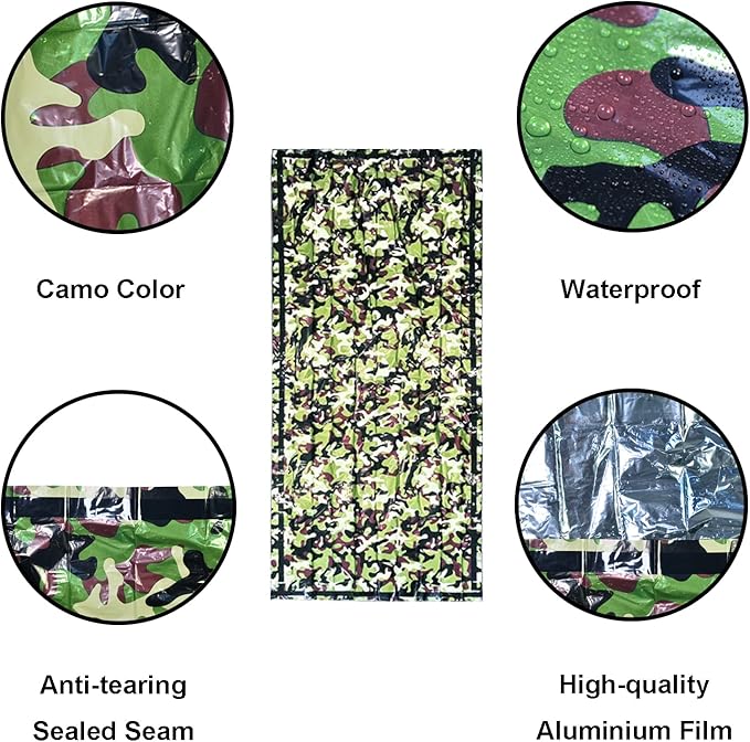 4 Pack Camo Emergency Sleeping Bags Survival Bivvy Sack with Whistles, Lightweight Portable Survival Gear for Outdoor Camping Hiking Keep Warm After Disasters (1PERSON)