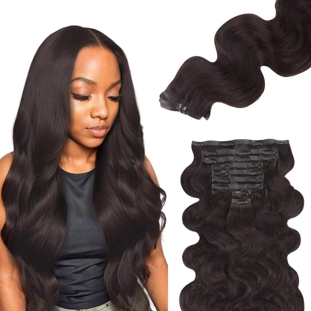 Lashey Seamless Clip In Hair Extensions Human Hair 130G 9Pcs 18 Inch Body Wave #2 Dark Brown Clip In Hair Extensions For Women P