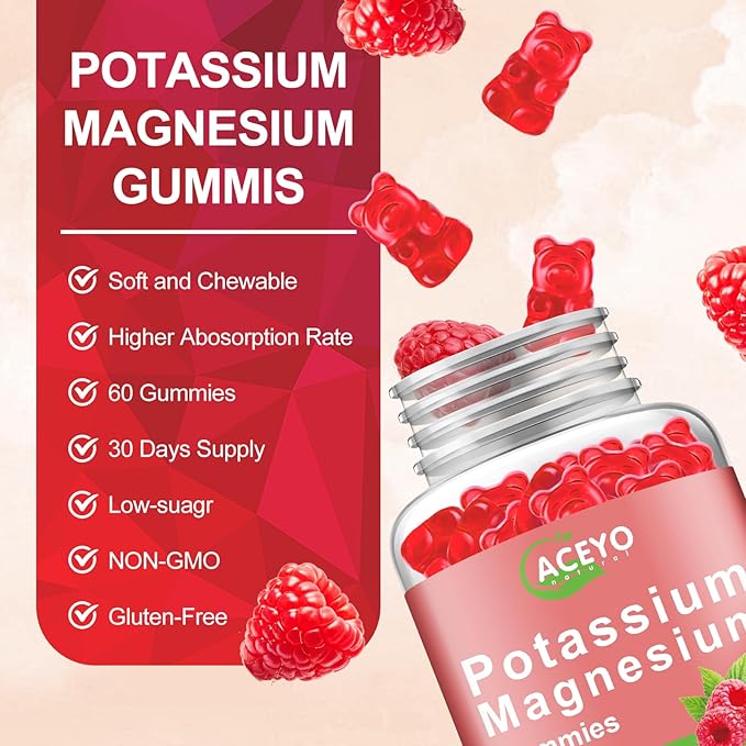 2 Pack Potassium Magnesium Gummies for Adult Kids High Absorption Leg Cramps & Muscle & Heart Health Immune Health Raspberry Magnesium Gummies Chewable Gummy Supplement Vegan Non-GMO