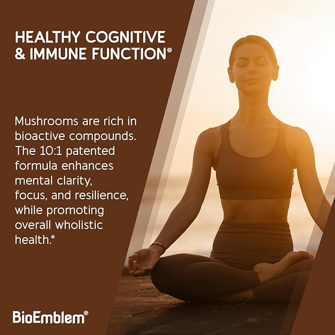 BioEmblem Mushroom Complex - 10:1 Strength and 7 Species - Lions Mane, Reishi, Cordyceps, Chaga, Maitake, Shiitake Mushroom Supplement - Immunity, Energy & Focus, Brain - Non-GMO, Vegan - 90 Caps