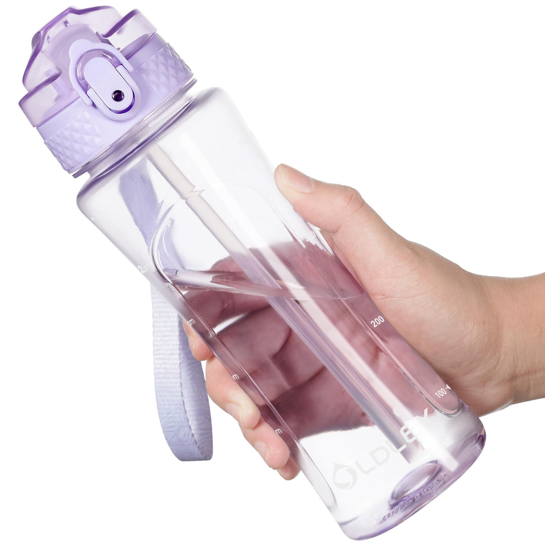 OLDLEY Kids Water Bottle with Straw 15 oz BPA-Free Leak-Proof Motivational Water Bottles with Time Marker for School Sports Travel Gym, Easy to Use for Girls Goys, 1 Straw Lid, Transparent-purple