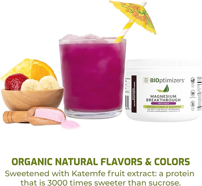 BIOptimizers Magnesium Breakthrough Drink Fruit Punch - 8 Forms of Magnesium: Glycinate, Malate, Citrate, and More - Natural Sleep and Brain Supplement – 5.4 oz (30 Servings)