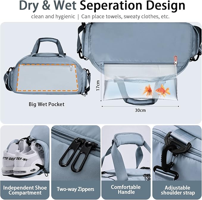 FIORETTO 30L Sports Gym Duffle Bag with Wet Pocket & Shoe Compartment, Weekender Hospital Overnight Bag for Women, Sports Holdall Backpack