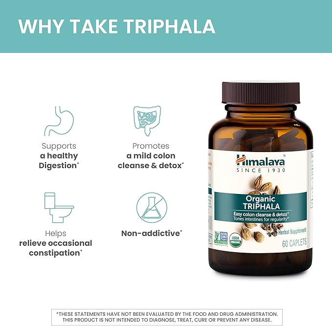 Himalaya Organic Triphala Herbal Supplement for Colon Cleansing, Supports Regularity, Occasional Bloating, Waste Elimination, USDA Organic, Non-GMO, Vegan, 688 mg, 30 Plant-Based Caplets