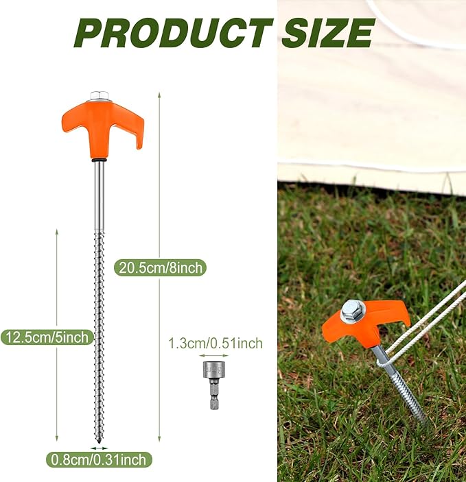Hicarer 10 Pcs 8'' Screw in Tent Stakes Heavy Duty Ground Anchors Screw in Tent Pegs Ground Stakes Tent Spikes Metal Tent Spikes with Hex Head Driver for Camping Garden Canopies (Orange)