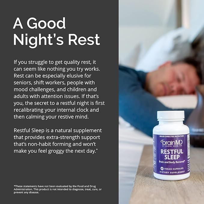 BRAINMD Restful Sleep - 60 Vegan Capsules - Supports Brain & Body Renewal - with Melatonin, Valerian Extract, GABA & Magnesium - Non-Habit Forming - 30 Servings
