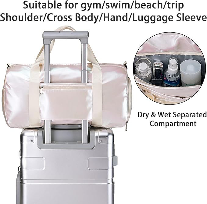 Gym Bag Sports Duffle Bag with Wet Pocket Weekender Overnight Bag with Waterproof Shoe Pouch and Air Hole for Women Girls Travel Foldable Bag (Metallic Beige)