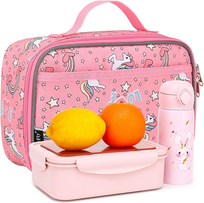 FlowFly Kids Lunch box Insulated Soft Bag Mini Cooler Back to School Thermal Meal Tote Kit for Girls, Boys, Unicorn