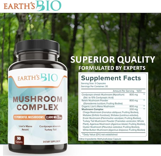 EARTH'S BIO Mushroom Supplement Complex 2,600 mg per Serving, 90 Caps, with Organic Lion's Mane Mushroom, Turkey Tail, Enoki Agaricus, White Button & Oyster Mushroom - Memory & Immune Support