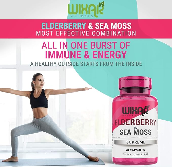 Elderberry and Sea Moss Supreme Capsules - Natural Black Elderberries with Wildcrafted Sea Moss Pills - 90 Capsules - Antioxidants - Herbal Supplements - Immune Support Supplement