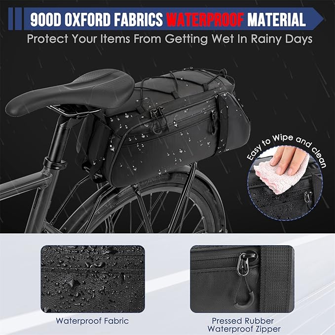 WOTOW Bike Rack Bag Waterproof - 9.5L Large Capacity Bike Trunk Bag, Reflective Bicycle Saddle Panniers, Cycling Bags Back Seat Storage Cargo Carrier Pouch with Shoulder Strap & Hook