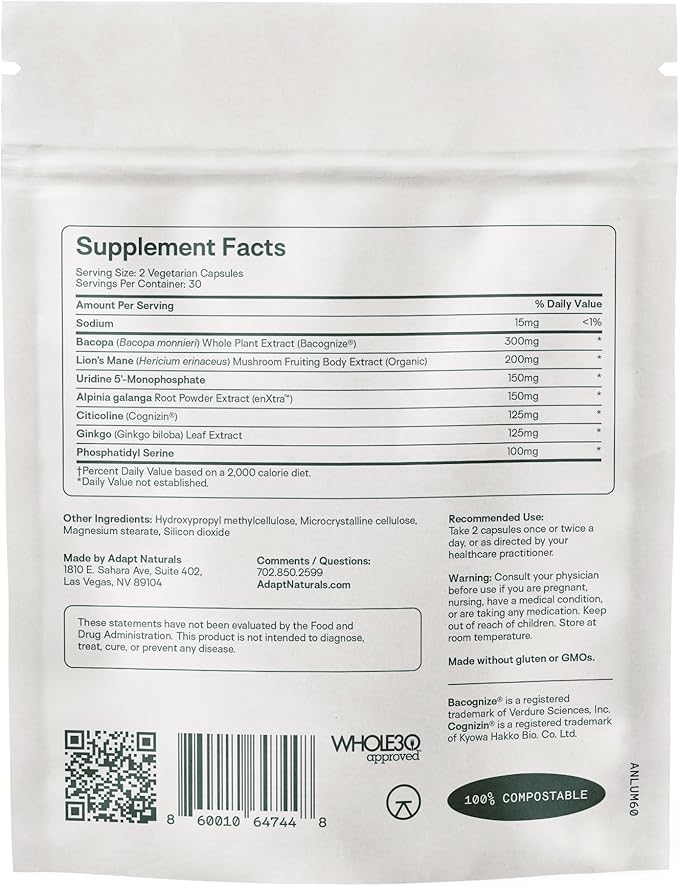 Adapt Naturals Luminous Mind Nootropic Brain Supplement with Ginkgo Biloba, Bacopa and Lions Mane | Memory, Focus, Mental Clarity and Elevated Mood Support | No Caffeine, Crash Free - 30 Days Supply