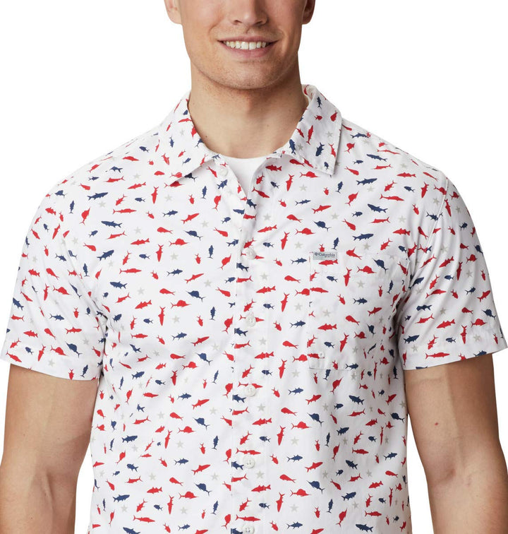 Columbia Men's Standard Trollers Best Short Sleeve Shirt, White Americana Print, X-Large