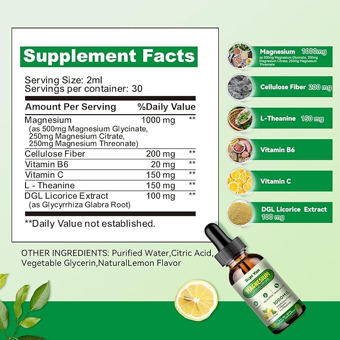 Magnesium Glycinate Liquid Drops, 1000mg Magnesium Glycinate, Citrate & Threonate with Cellulose Fiber, L-Theanine, Vitamin B & C for Sleep, Muscle, Energy & Relaxation, Sugar-Free Lemon Flavor