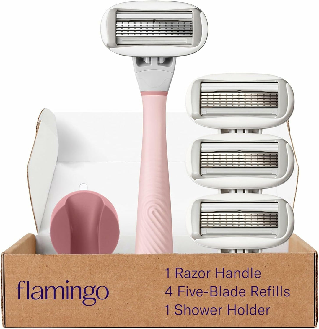 Flamingo Razors for Women, 1 Women's Razor Handle Rose), 4 Razor Five-Blade Refills, and 1 Shower Holder