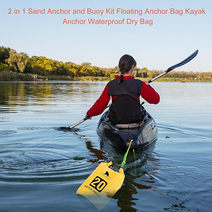 4 Set 2 in 1 Sand Anchor and Buoy Kit Floating Bag Kayak Anchor Waterproof Dry Bag for Lake Beach Boats Watercrafts Hiking Camping Water Sports Surfing Tubing Kayaking(Yellow)