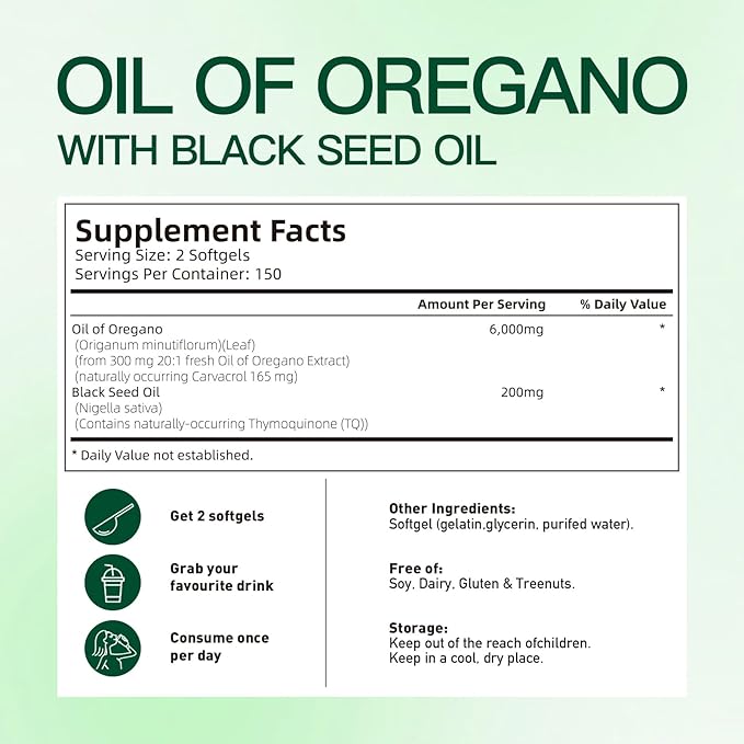 Oil of Oregano Capsules, Balanced Oil of Oregano with Black Seed Oil, Organic Oregano Oil Softgels,Carvacrol,Thymoquinone, Non-GMO