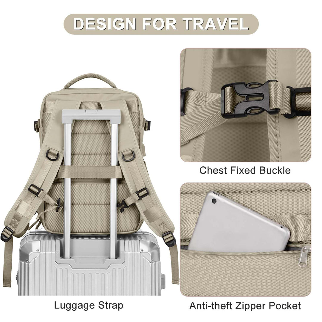 coofay Backpack, Laptop Travel Daypack for Women & Men, Airline Approved Carry On, 15.6'' Laptop Compartment, Waterproof, Anti-Theft, USB Port, Shoes Compartment, 2L, Khaki