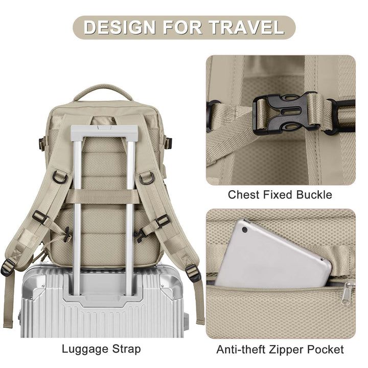 coofay Backpack, Laptop Travel Daypack for Women & Men, Airline Approved Carry On, 15.6'' Laptop Compartment, Waterproof, Anti-Theft, USB Port, Shoes Compartment, 2L, Khaki