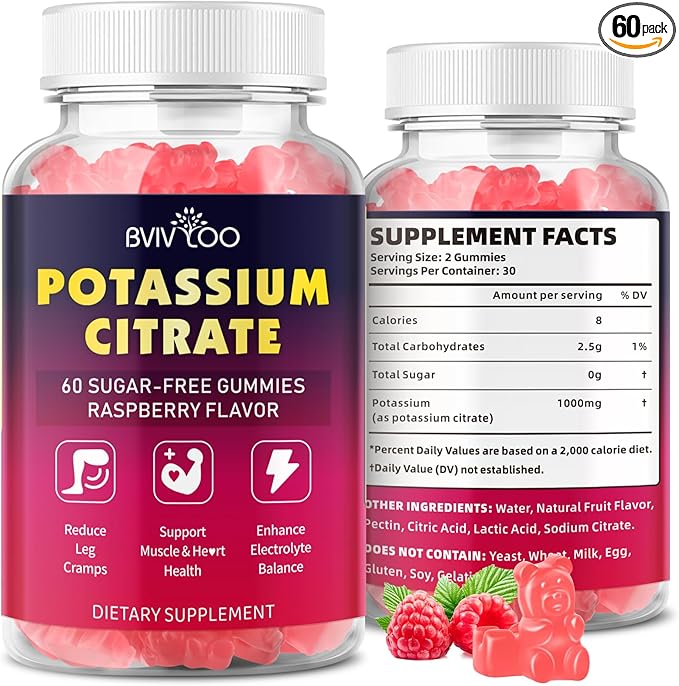 Potassium Citrate Gummies for Adults, Sugar-Free Potassium Gummies 1000mg Support Leg Cramps & Electrolyte Balance High Potency Potassium Supplement Gummies 120 Count