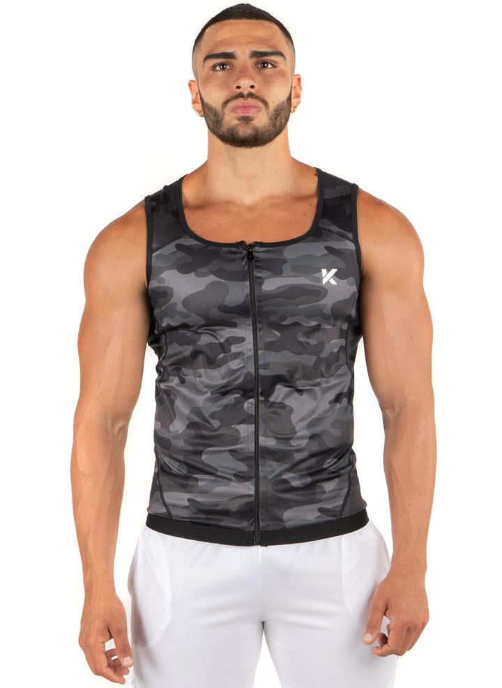 Kewlioo Men's Heat Trapping Zipper Sweat Enhancing Vest - Zip Up Compression Vest Shirt Shapewear Top - Gym Exercise Versatile Heat Shaper Jacket (Gray Camo, S/M)