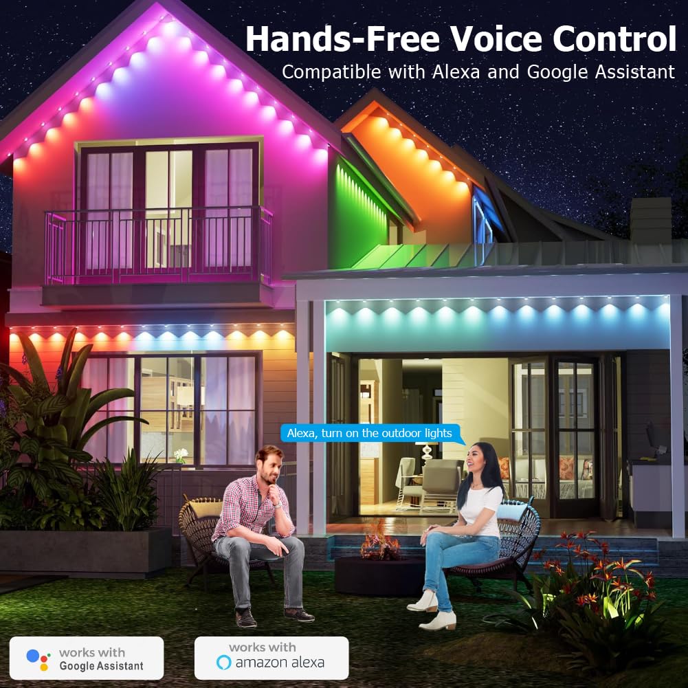 100ft Solar Permanent Outdoor Light, Smart RGB Plus IC Outside Lights for House, App/Remote Control String Light, Work with Alexa, IP67 Waterproof LED Strip for Daily Party Christmas All Holiday Decor