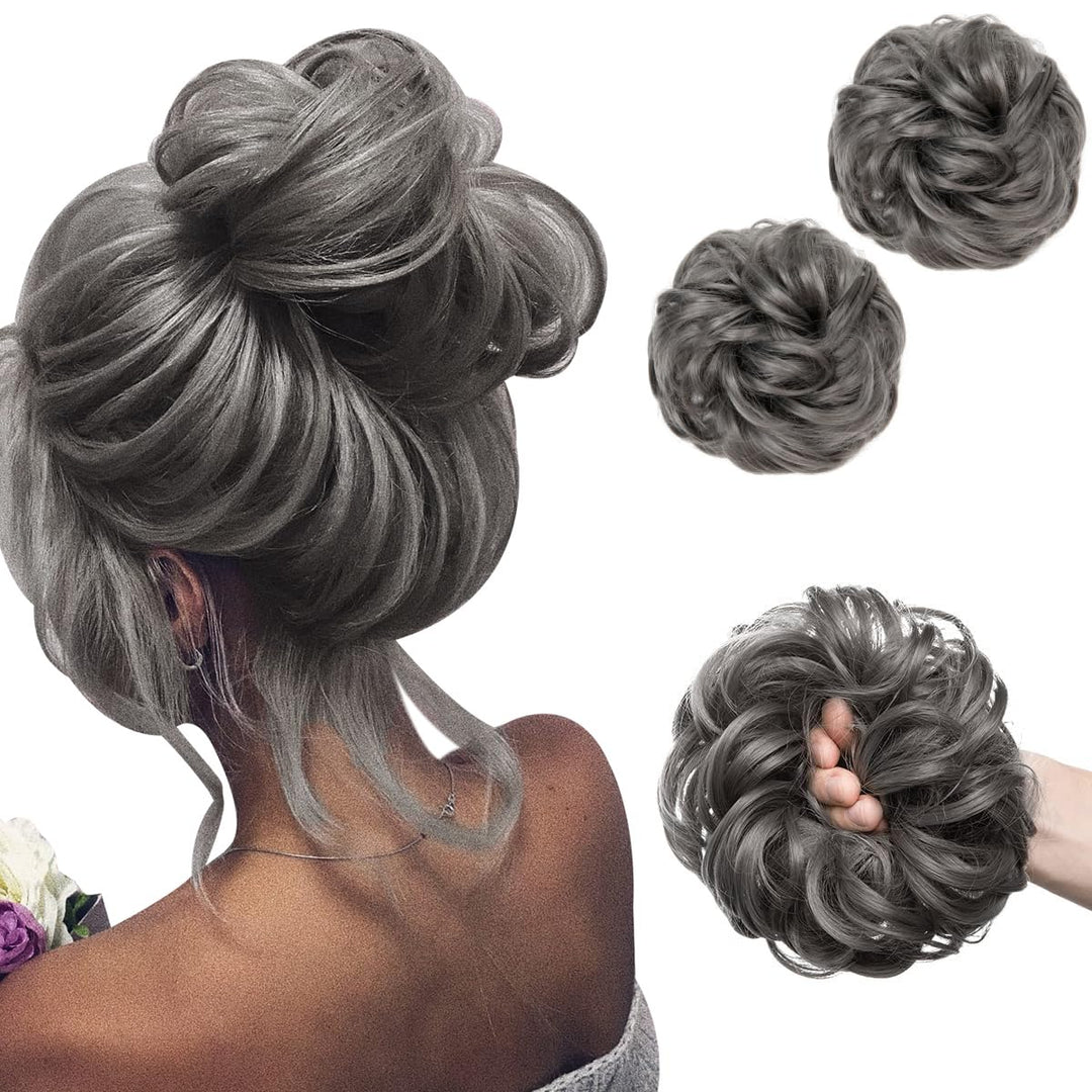 SARLA 2PCS Messy Hair Bun Hair Pieces Wavy Curly Synthetic Updo Fake Scrunchies Ponytail Extension for Women Dark Grey