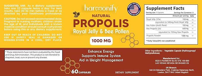 Bee Pollen Propolis Royal Jelly Extract with Carob, Pure Immune Support Supplement, Gluten-Free, Vegetarian Capsules, 1000 mg