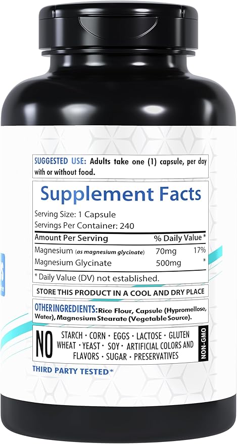 Magnesium Glycinate 500mg | 240 Veg Capsules | High-Absorption Chelated Magnesium | Gluten-Free | Non-GMO | Made in The USA