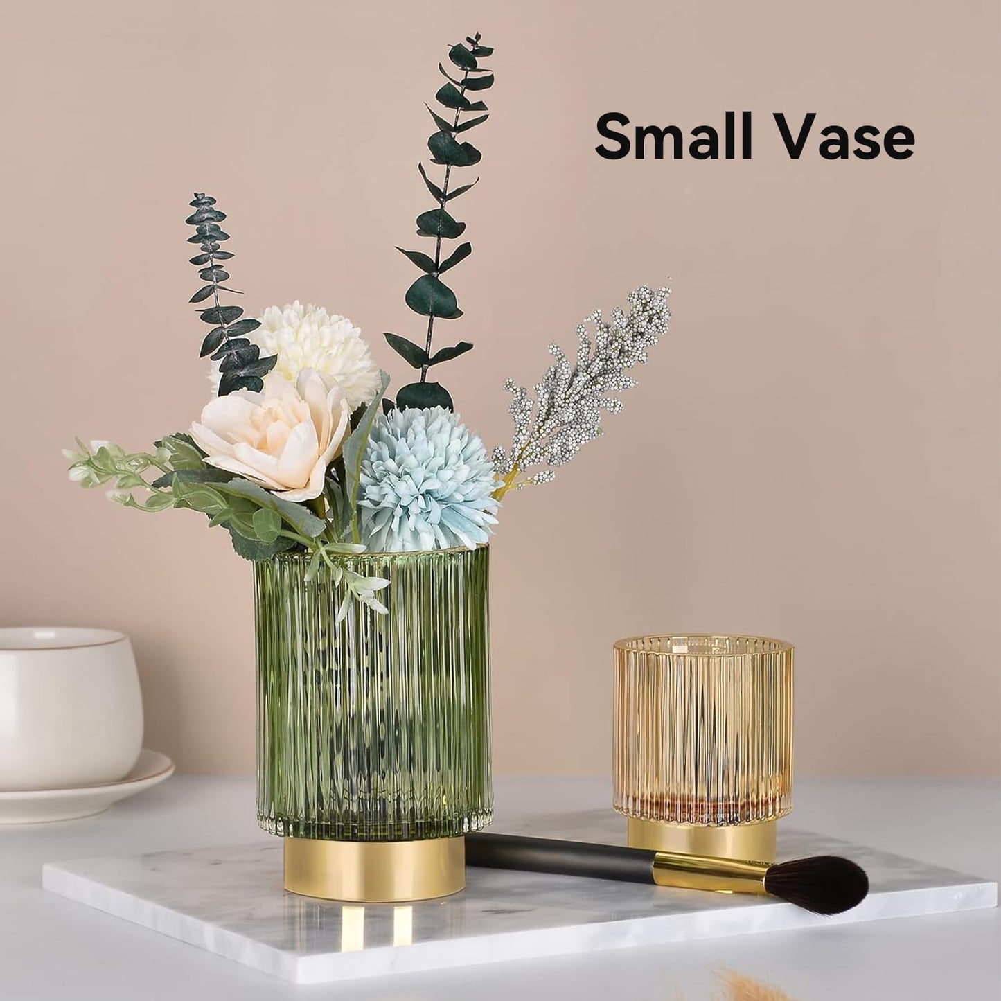 BTGGG Makeup Brush Holder 2 Pack Glass Cosmetic Makeup Brush Organiser for Vanity, Eyeliners, Eyebrow Pencil, Bathroom Toothbrush Holder, Office Storage Cup Desk Pen Holder, Crystal Green (S+L)