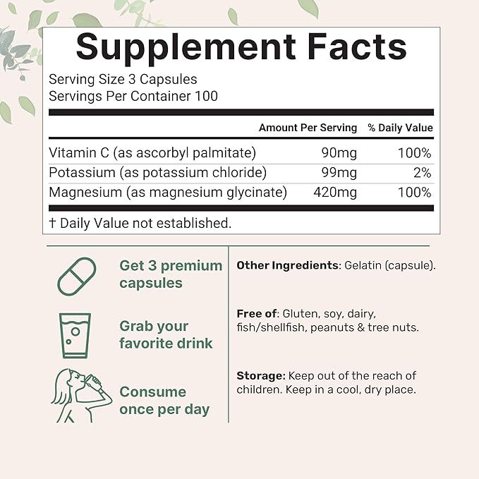 Pure Potassium Supplement with Magnesium Glycinate, 300 Capsules | Enhanced with Fat-Soluble Vitamin C | Chloride + Glycinate Mineral Electrolyte Complex | Only Active Ingredients | Filler Free