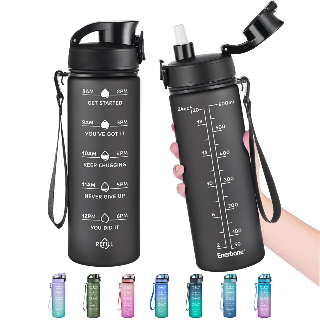 Enerbone 24 oz Water Bottle, Leakproof BPA & Toxic Free, Motivational Water Bottle with Times to Drink and Straw, Fitness Sports Water Bottle with Strap for Office, Gym, Outdoor Sports