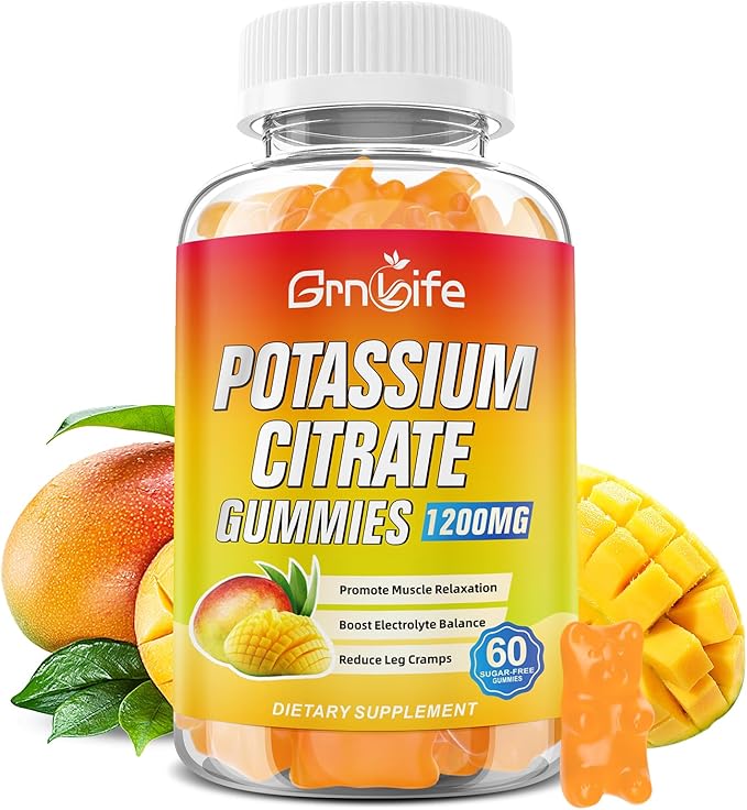 Potassium Citrate Gummies, High Potassium Supplement Gummies 1200mg Support Leg Cramps & Muscle Health, Potassium Gummies for Adults & Kids, Vegan, Mango Flavor 60 Count