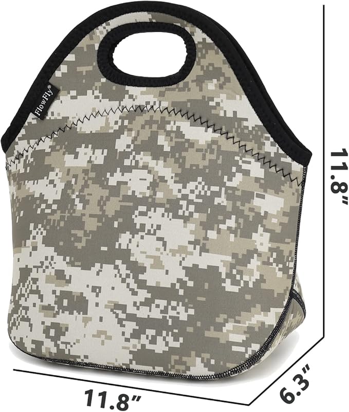 FlowFly Neoprene Lunch Tote Insulated Thermal Reusable Lunch Bag Box for Boys Men with Zipper (Digital Camo)