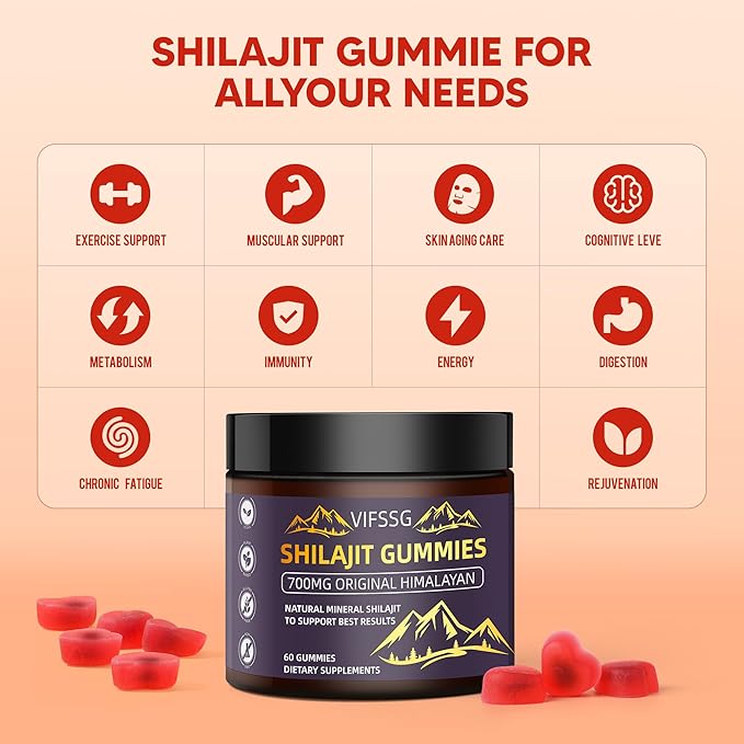 Shilajit Gummies, Sugar-Free Gummies, 500 Mg Shilajit Pure Himalayan Organic, Shilajit Supplement, Shilajit Resin, Gold Grade Nature Shilajit with 4 in-1 Complex for Energy Support, 60 Gummies