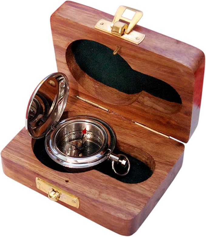 Brass Nautical Compass with Wooden Case - Antique Brass & Copper Sun Clock for Camping, Hiking, Touring - Engraved Gift for Him - Nautical Clock - Compass Gift