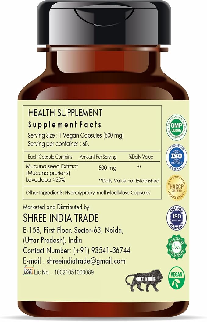 Kaunch Beej Extract 500mg - 60 Vegetarian Capsules | Mucuna Pruriens | All Natural | 100% Vegan | Gluten-Free | GMP Certified.