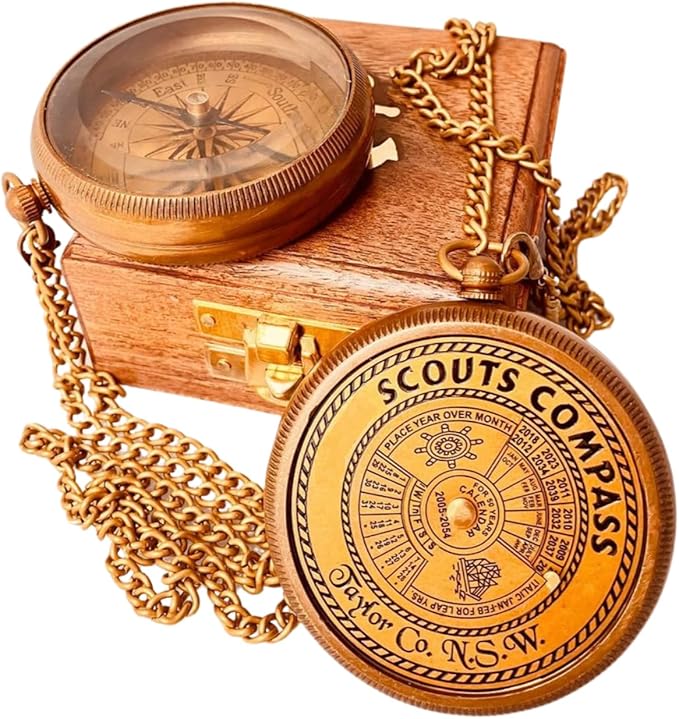 Scout Compass Gift Boys - Engraved Scout Oath Compass in wood Box Scout Always Prepared Camping Orienteering Compass, Hiking Backpacking Compass gift, 50 year calander