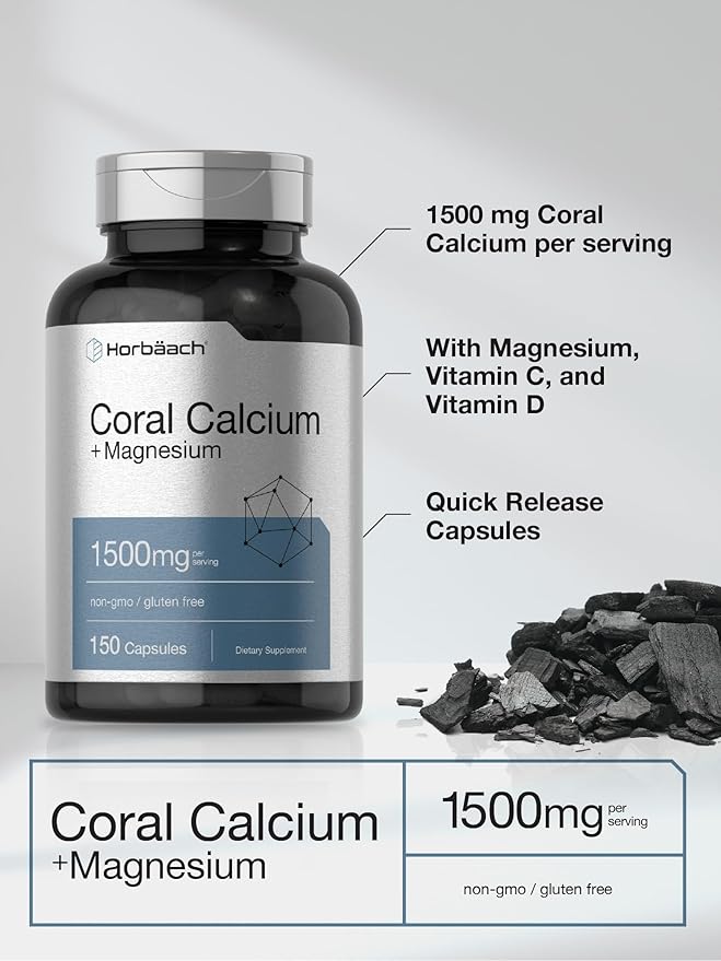 Horbäach Coral Calcium 1500mg Capsules | 150 Count | Plus Magnesium | Non-GMO & Gluten Free Supplement