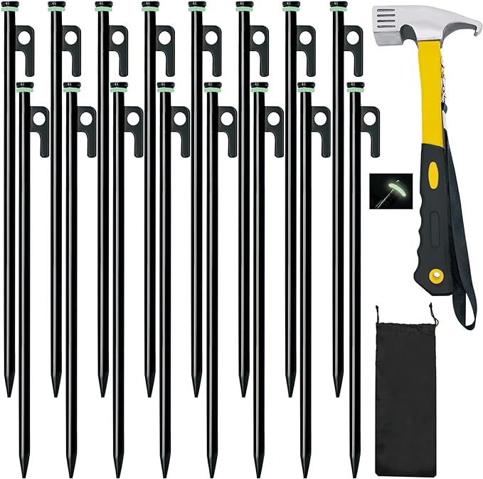 16 Pack Tent Stakes with Hammer,16in Heavy Duty Tent Stakes + 12in Tent Stakes Hammer+Storage Pouch, Forged Steel Tent Stakes for Camping Used on Rocks, Grassland(16Pcs 16in Tent Stakes+Hammer)