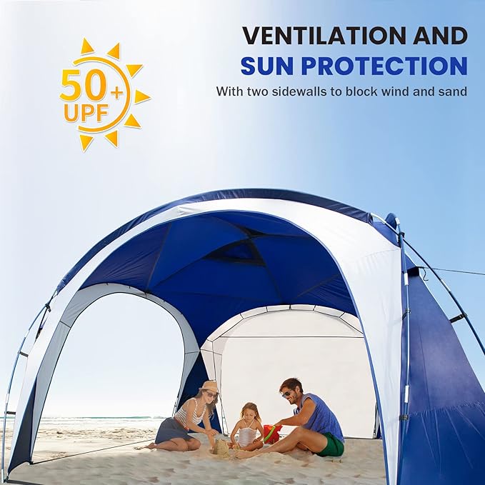Large Beach Canopy Tent UPF 50+ 12x12 ft Waterproof & Rainproof Dome Sun Shelter for 8-10 Person with 2 Side Walls, Perfect for Camping, Backyard, Fishing, Parties, Picnics