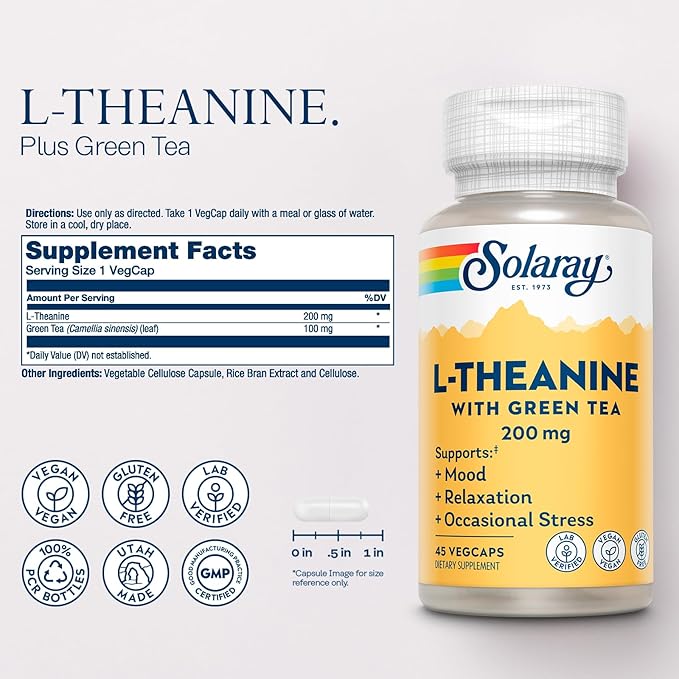 SOLARAY L-Theanine - 45 VegCaps - 200 mg + 100 mg Green Tea Leaf