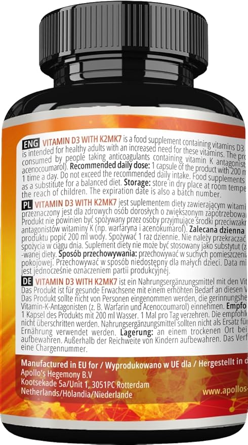 APOLLO'S HEGEMONY Vitamin D3 4000 UI with K2 MK7-120 Capsules - Potent Bone and Blood Health Support - 4 Month Supply - Diet Supplement