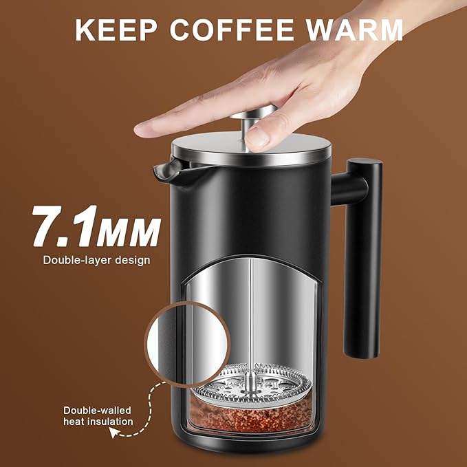 34 OZ Large French Press, Premium Stainless Steel Sturdy Insulated French Press Coffee Maker, 4-8 Cups French Coffee Press, Tea Presses for Home Kitchen Caming Loose Tea, Elegant Black