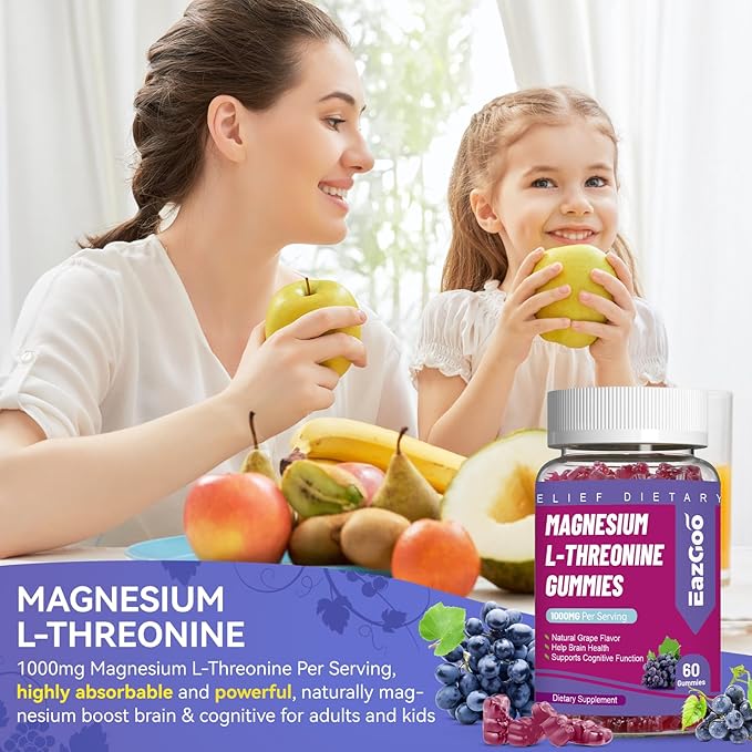 Magnesium Threonine Gummies 1000mg, L-Threonine Gummies for Adults, Best Magnesium Supplements for Brain, Non-GMO, Gluten Free, Vegan, 120 Grape Magnesium Gummies