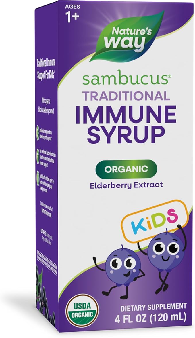 Nature's Way Sambucus Elderberry Traditional Immune Syrup for Ages 1+, Traditional Immune Support*, Antioxidant Support*, Black Elderberry Extract, USDA Certified Organic, 4 Fl Oz