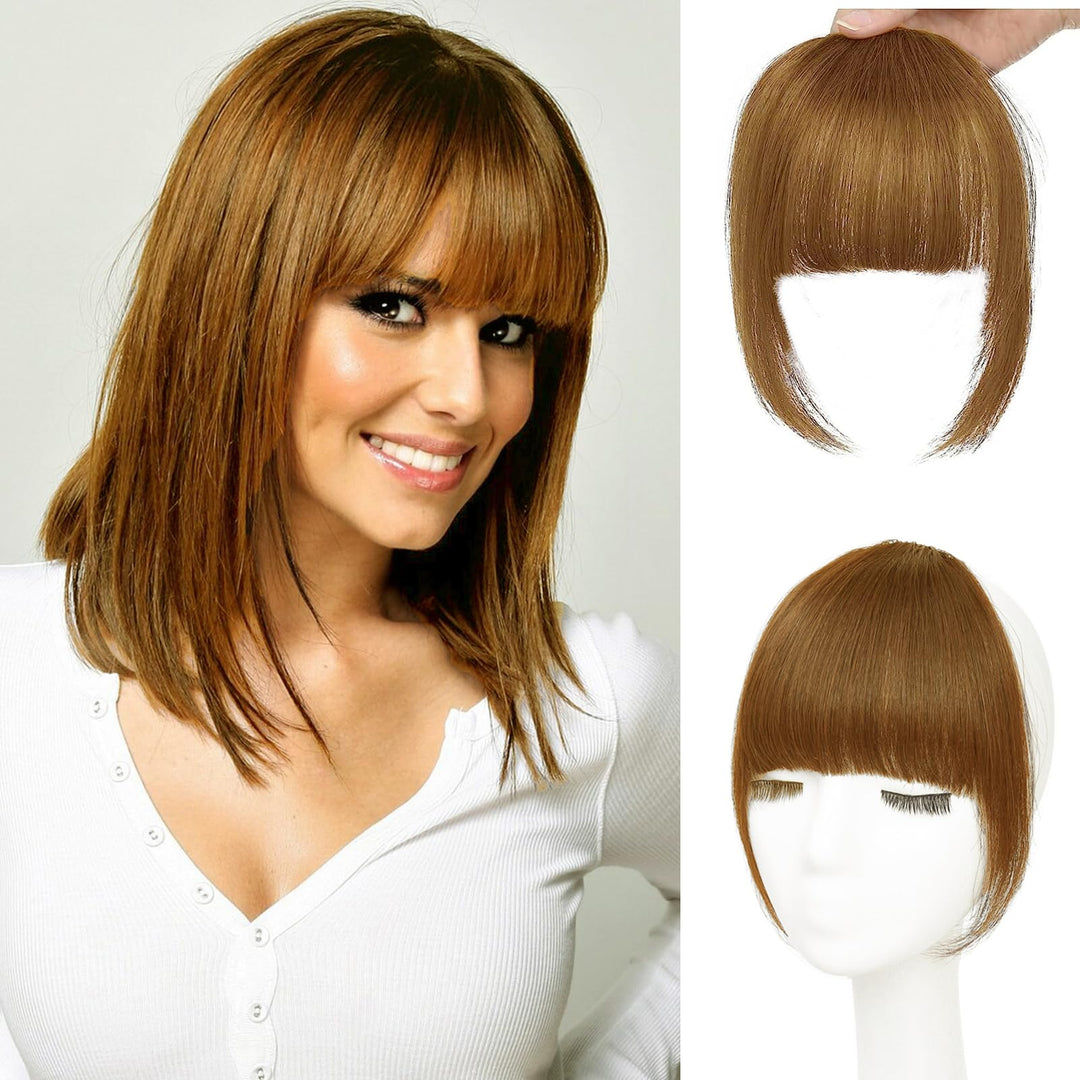 GHDXIWEYU Women 100% Human Hair Clip in Bangs,Fringe with Temples Curtain Flat Medium Brown Bangs,Natural Curved French Bangs,Faux Fake Bangs