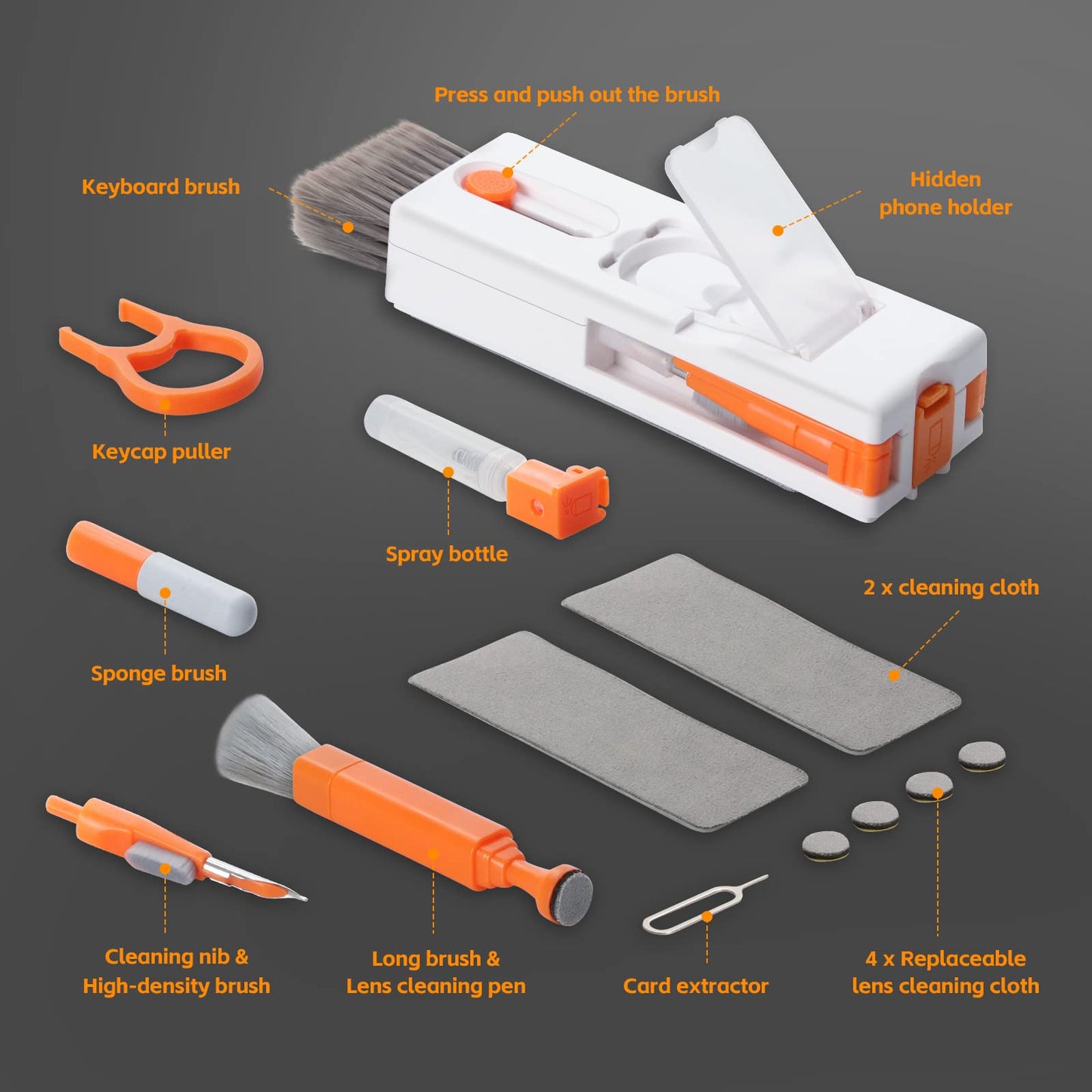Alyvisun 11 in 1 Laptop Cleaning Kit, Multifunctional Keyboard Cleaner Brush with Keycap Puller for Tablet, Phones, PC, Orange